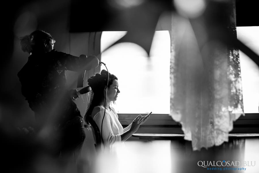 bride hairstyle getting ready black and white