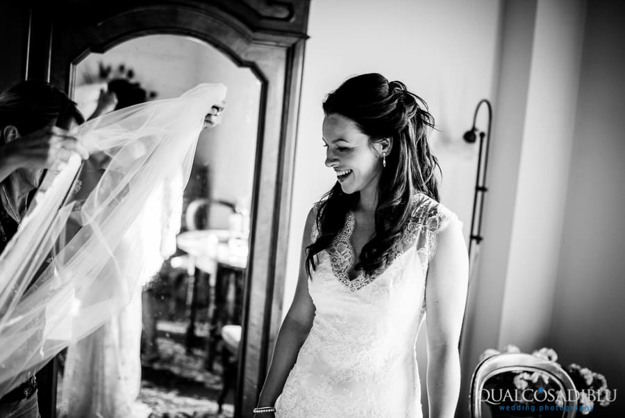 bride smiling black and white