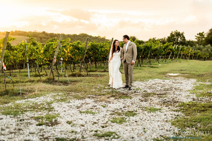 wedding couple walking in the vineyard