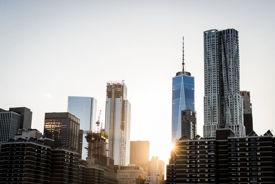 brooklyn bridge skyline sunset one world trade centre