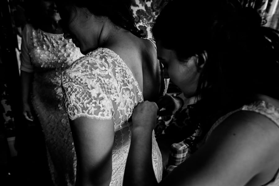 wedding getting ready bride dress black and white