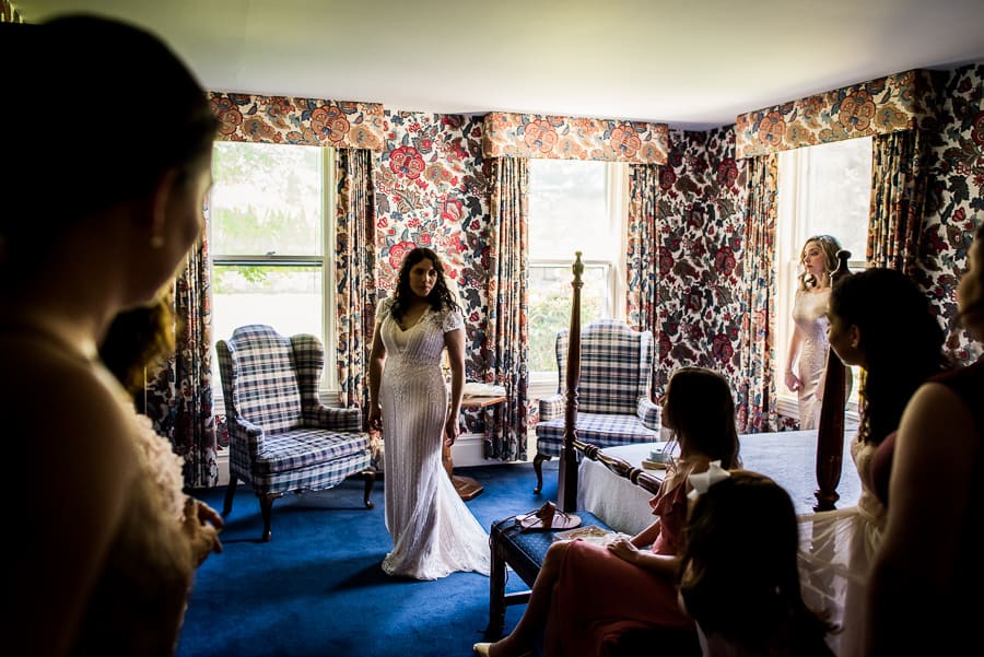 wedding getting ready bride ready white dress pose west lane inn ct