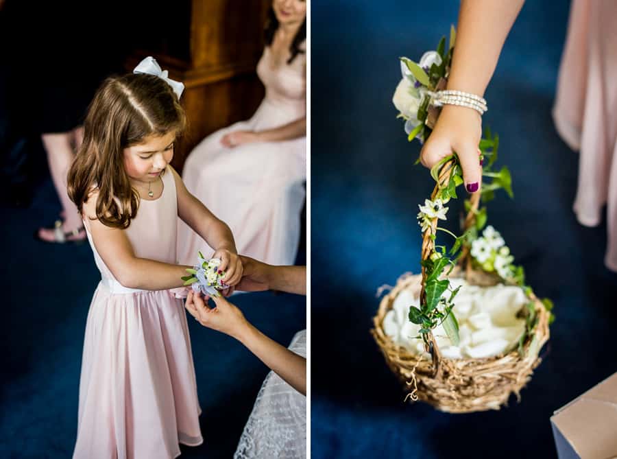 wedding getting ready child flowers pink details