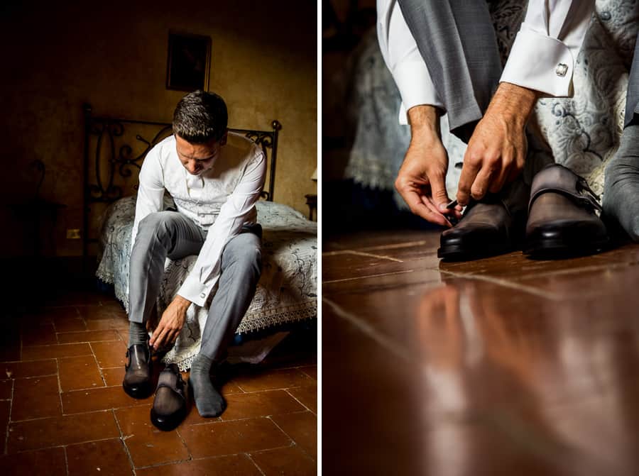 groom dressing his grey shoes