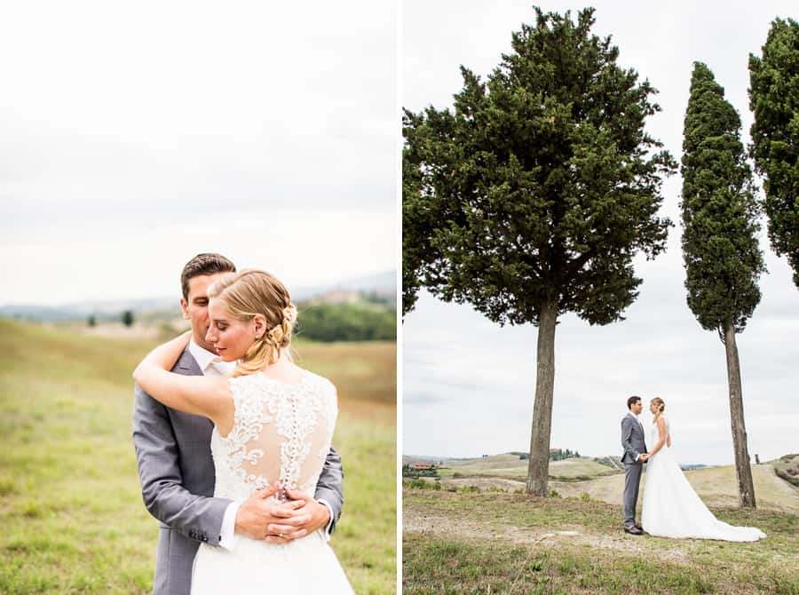 bride groom embraced tuscany cypresses