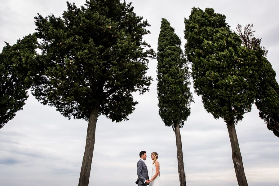 bride groom holding their hands between tuscan cypresses