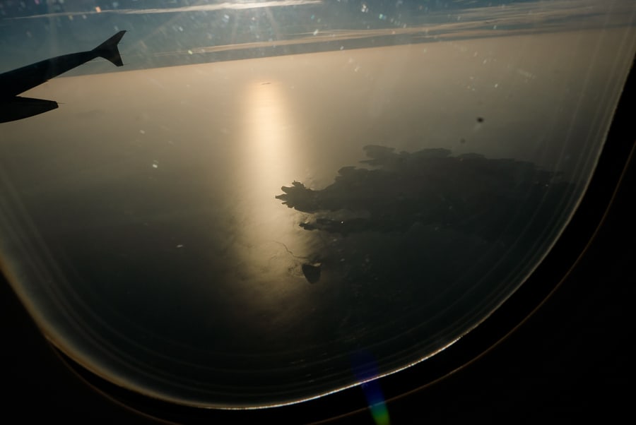 View of Santorini from airplane window