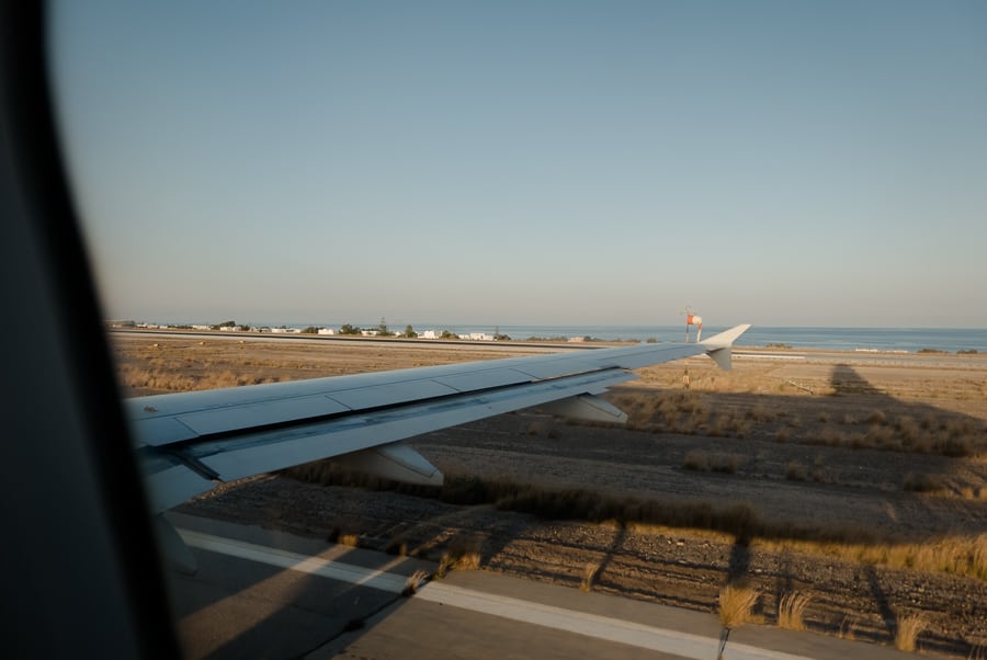 Plane landing in Santorini