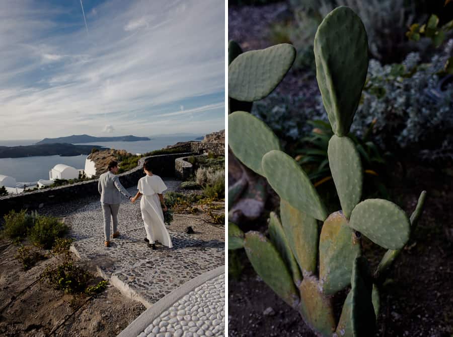 bride and groom walking eros venue santorini wedding