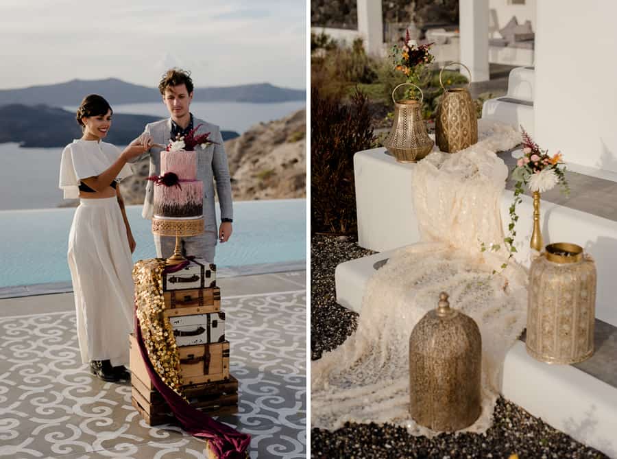 bride and groom are cutting the cake