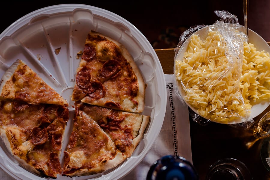 Pizza and Pasta during the getting ready of the bride