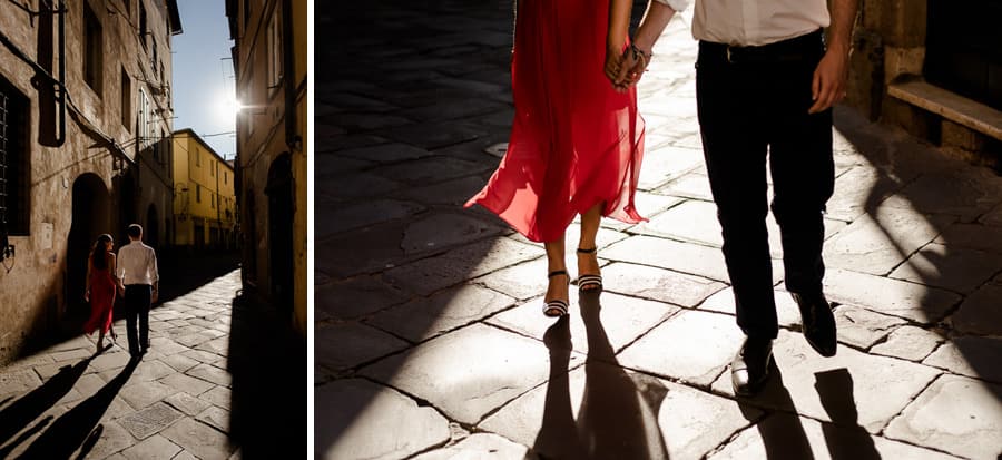 Romantic couple walking in Lucca