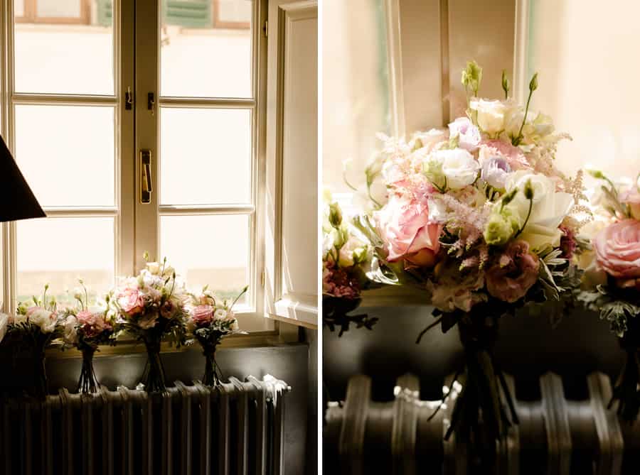 Wedding flowers and bridal bouquet at the window