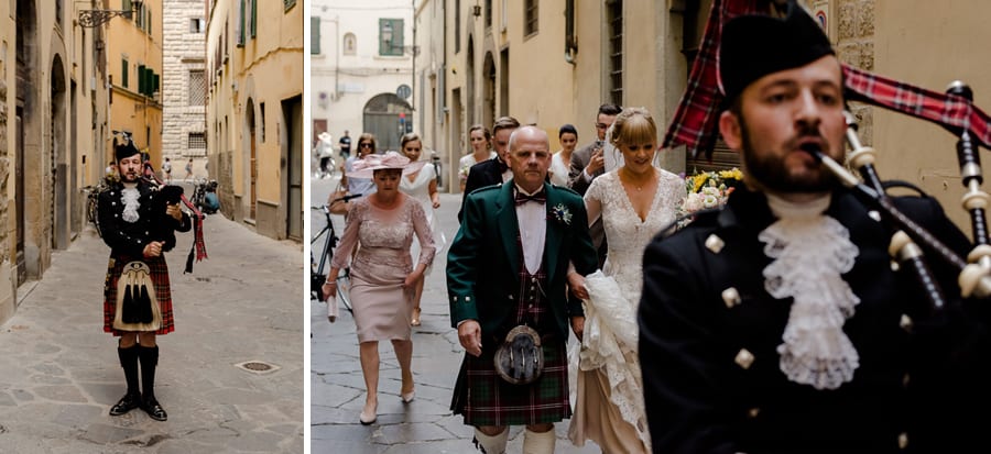 walking in florence of the bride and father with scottish piper