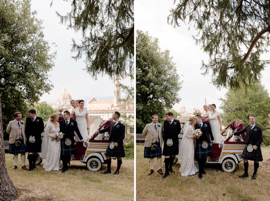 Bridal party group photo with ape calessino with the florence view