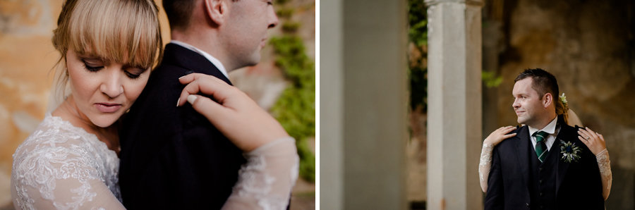 Bride and groom hug in vincigliata castle florence