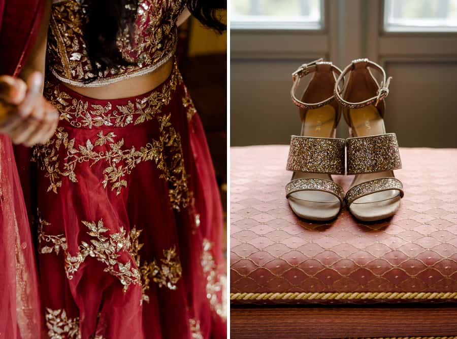 details of the indian bride dress and sparkling bridal shoes