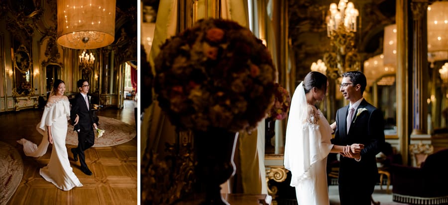 Bride and groom intimate moment in the mirror hall of villa cora