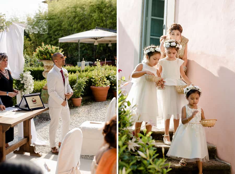 groom is waiting for the bride and the little bridesmaids are coming