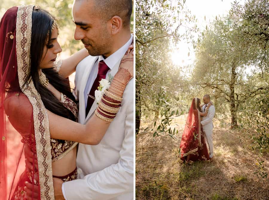 Indian couple embracing intimate way in tuscany