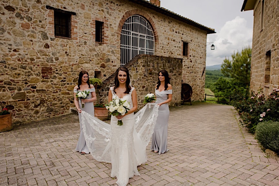 Bride with bridesmaids walking