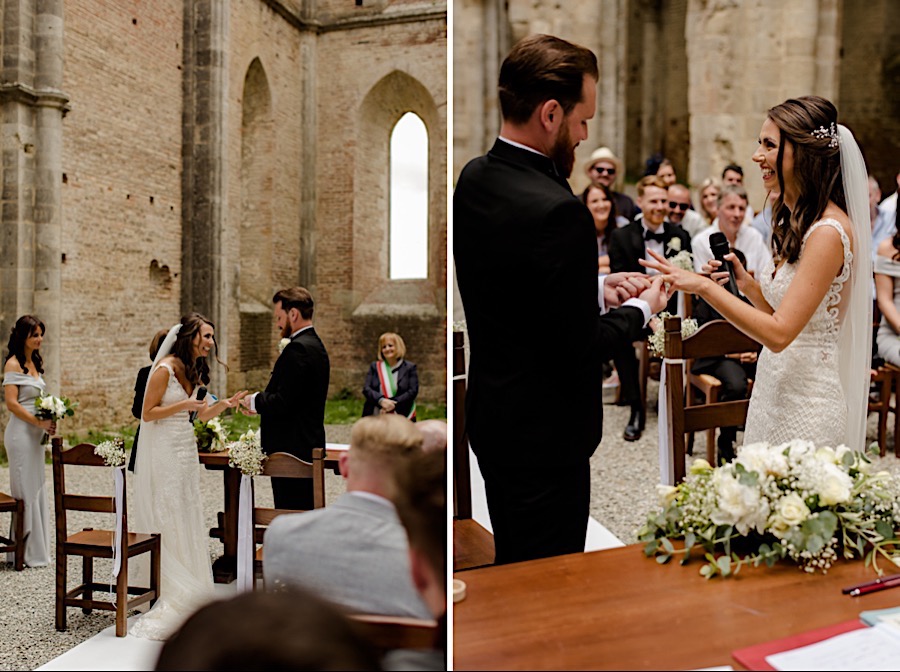 Bride and Groom exchanging their rings at san galgano abbey