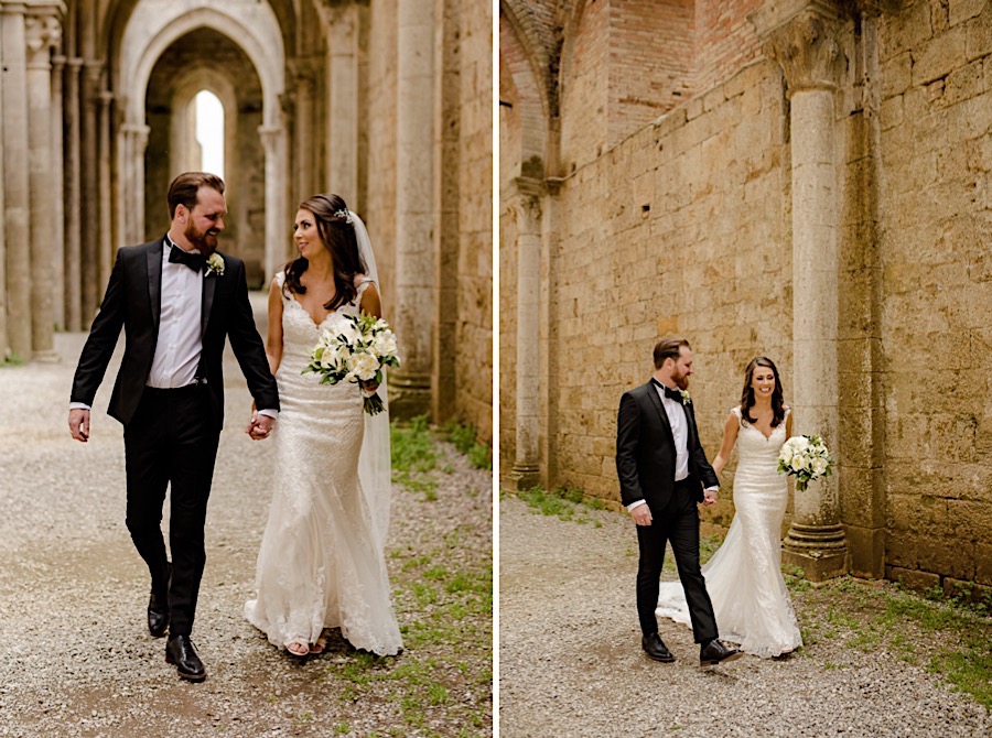 Bride and Groom walking together at San Galgano Abbey