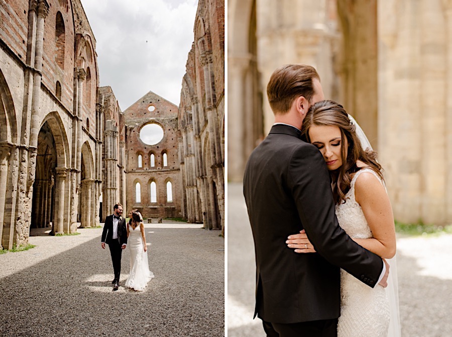 Bride and groom embracing each other at san galgano abbey