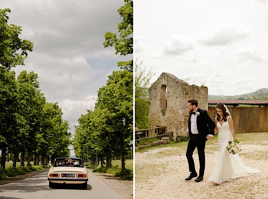 Bride and groom in a vintage car arriving at tenuta di papena