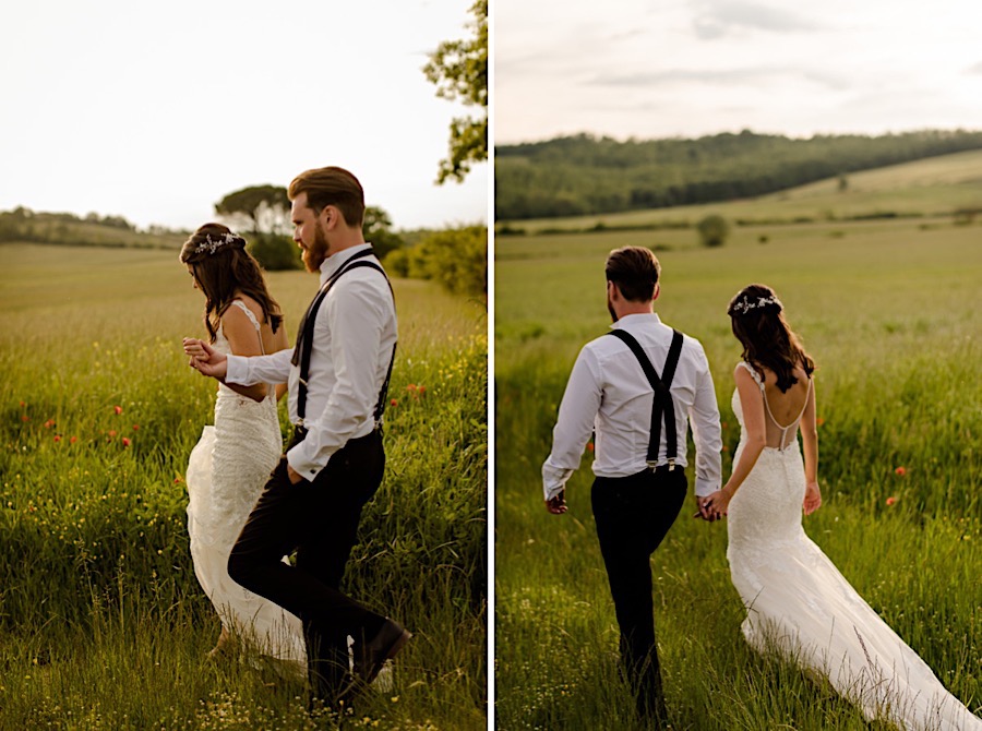 bride and groom walking on the tuscan countryside