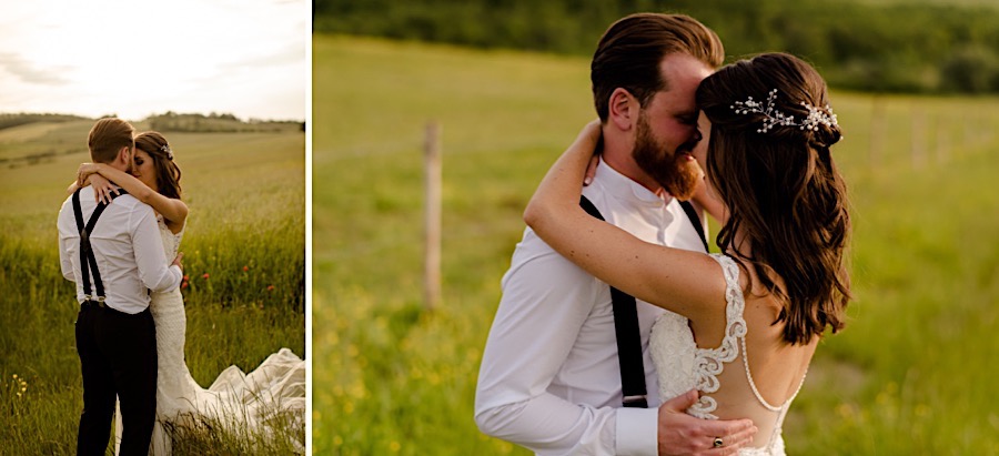 Romantic couple embracing in the tuscany countryside