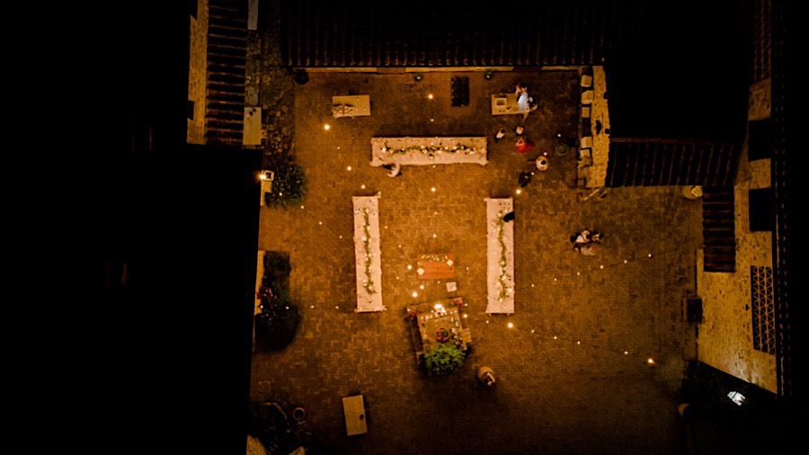 Wedding dinner setting shooted by drone from the top