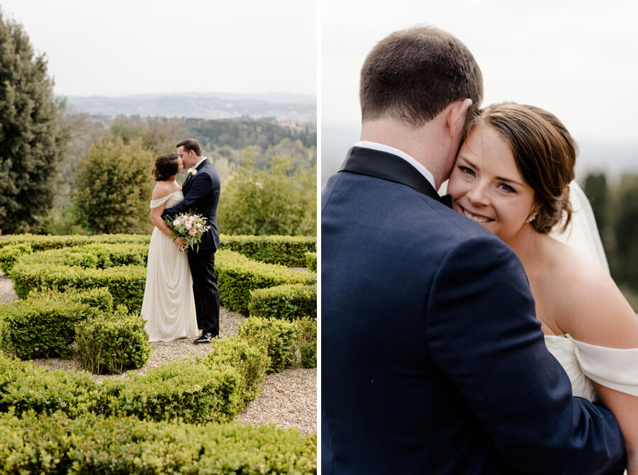 Couple portrait of Bride and Groom in the gardens of Villa Le Fontanelle Florence