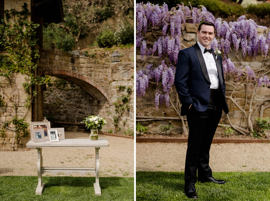 Groom portrait ahead to a wall with wisteria