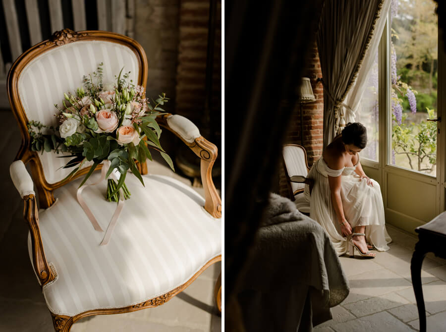 Bridal flowers with bride wearing her shoes