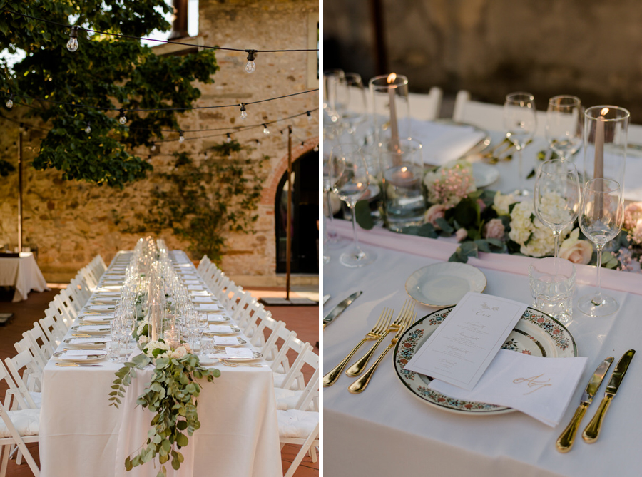 a wedding table setting with an amazing atmosphere in tuscany