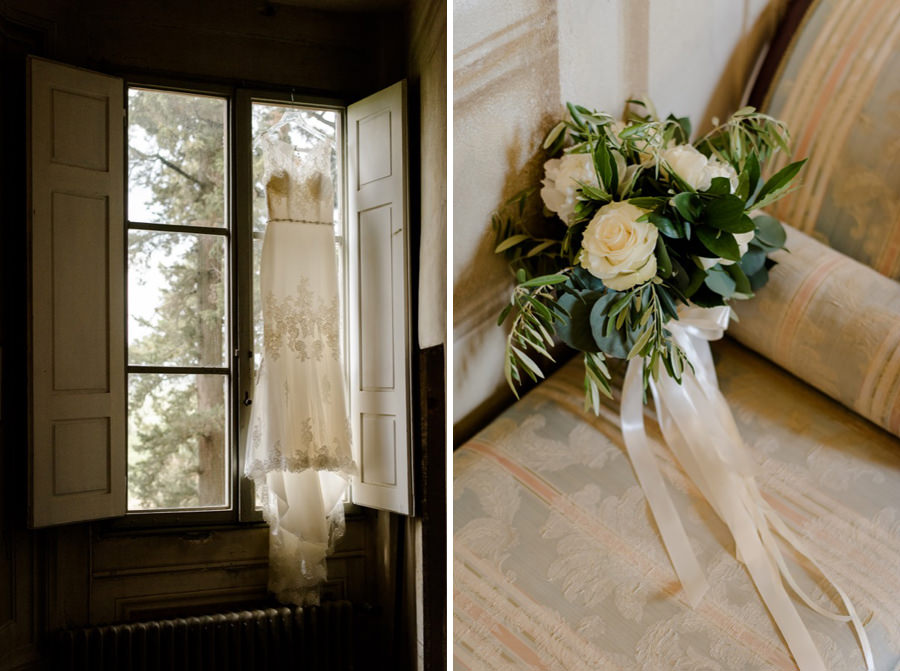 bridal dress and fower bouquet