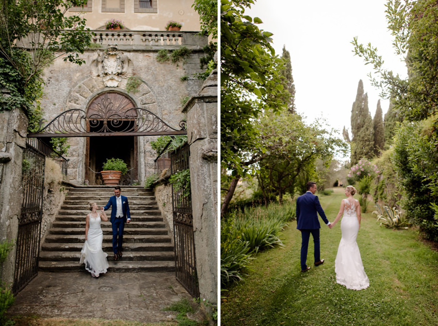 bride and groom walking in the garden at montegufoni castle