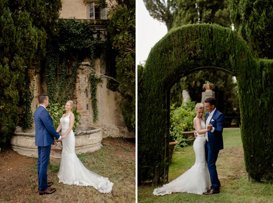 wedding couple dancing in the gardens at montegufoni castle