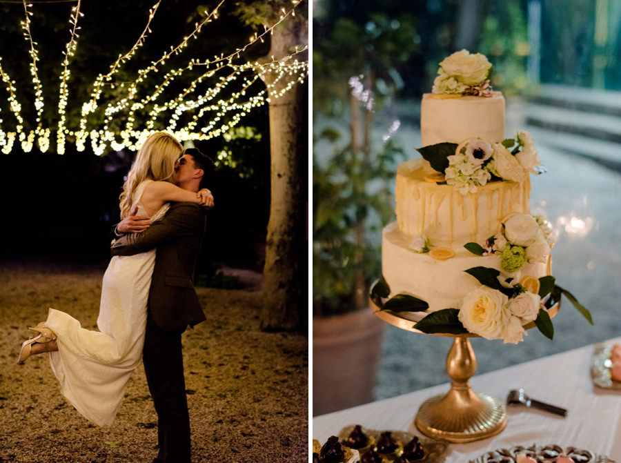 Bride and Groom embracing each other and their wedding cake