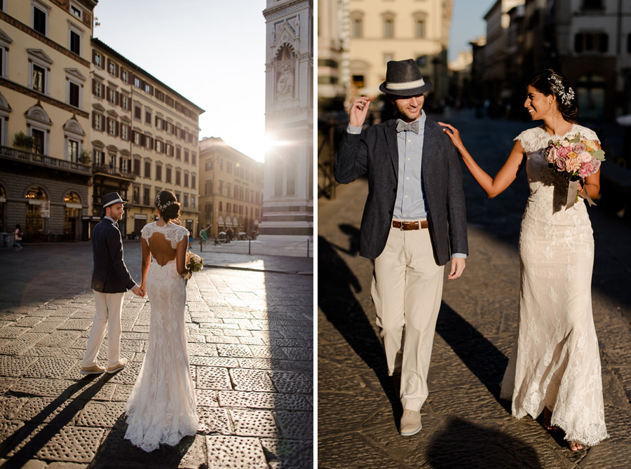 bride and groom walking in florence with a warm light