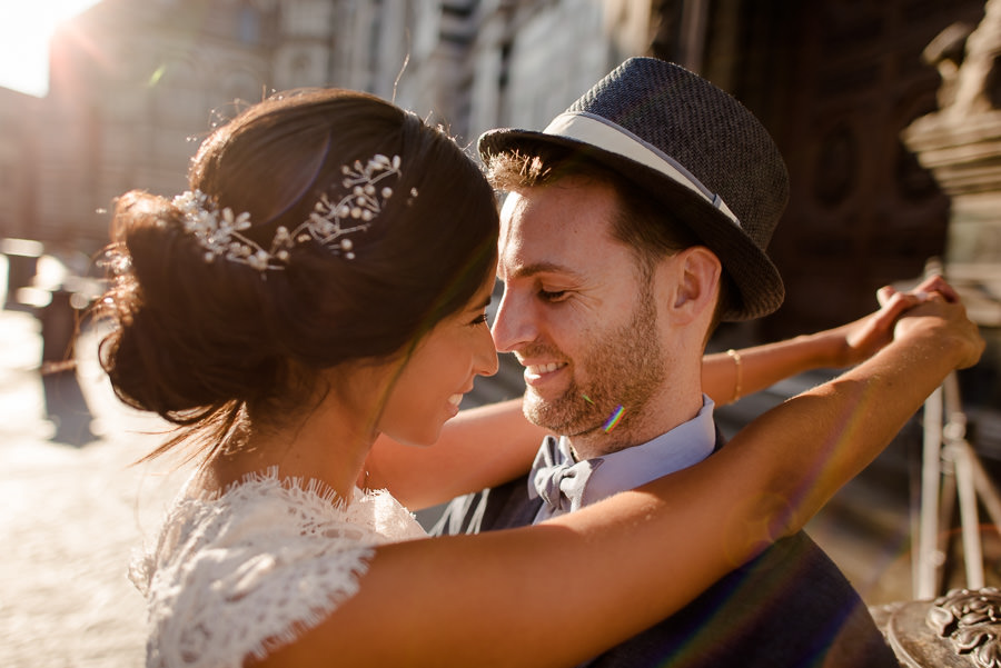 bride and groom smiling together in florence