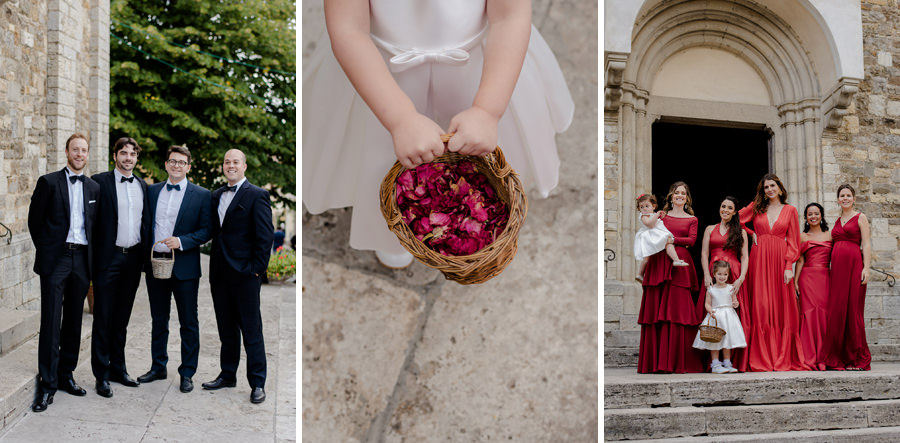 Bridesmaids and groomsmen and flower girl portraits