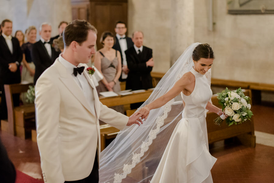 first look of bride and groom in the church