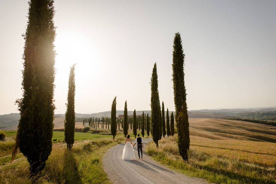 newlywed couple walking in tuscany in a cypresses road