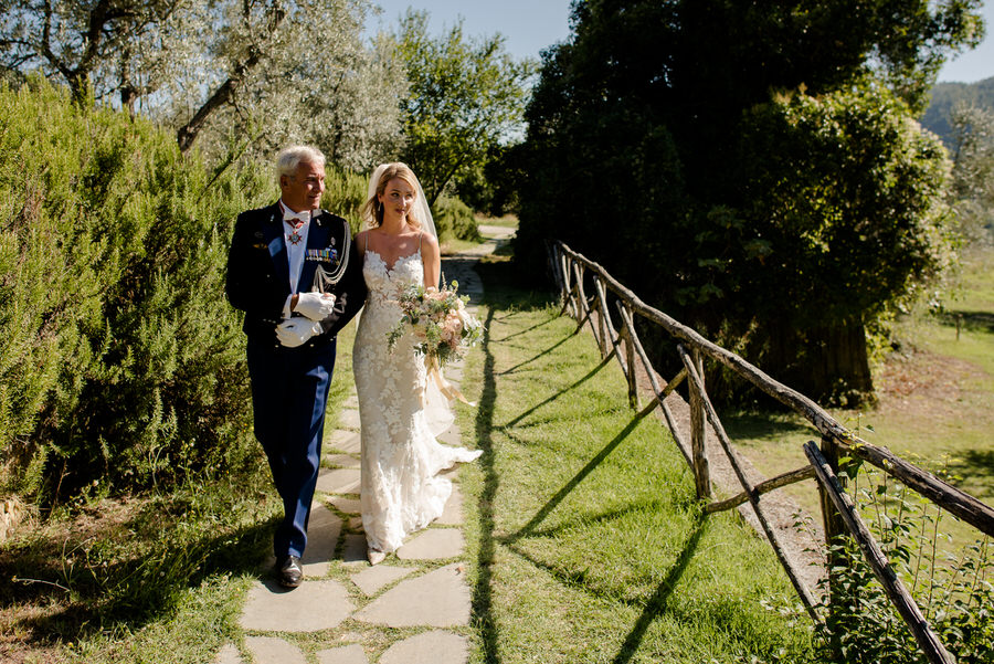 here comes the bride with her father at Borgo i Vicelli Florence