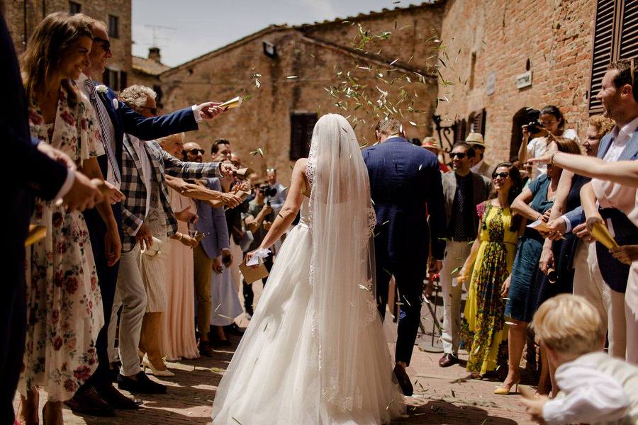 wedding couple seen from behind walking thru olive leafs toss by the guests