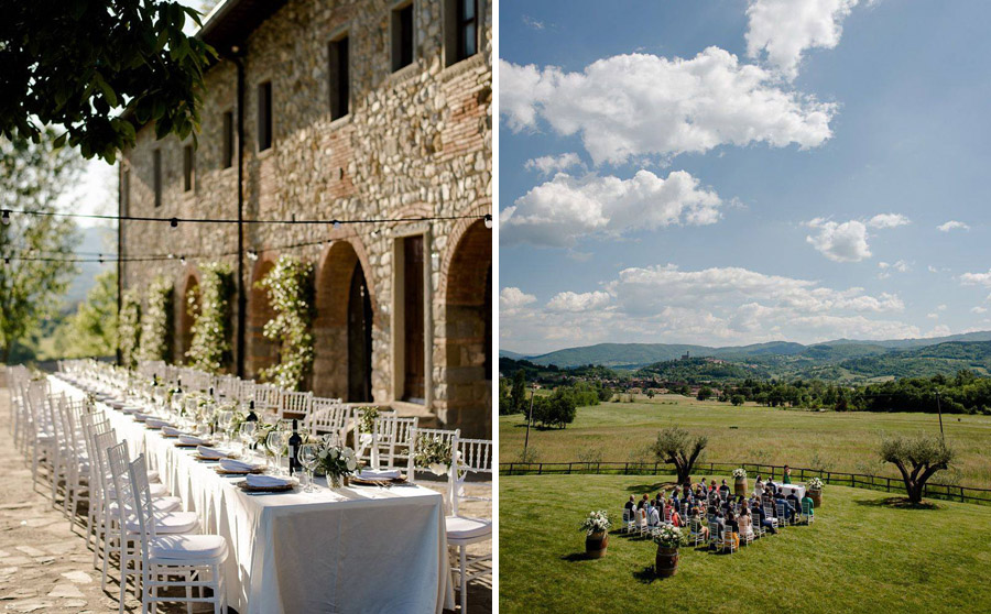 wedding ceremony setting and dinner setting in tuscany