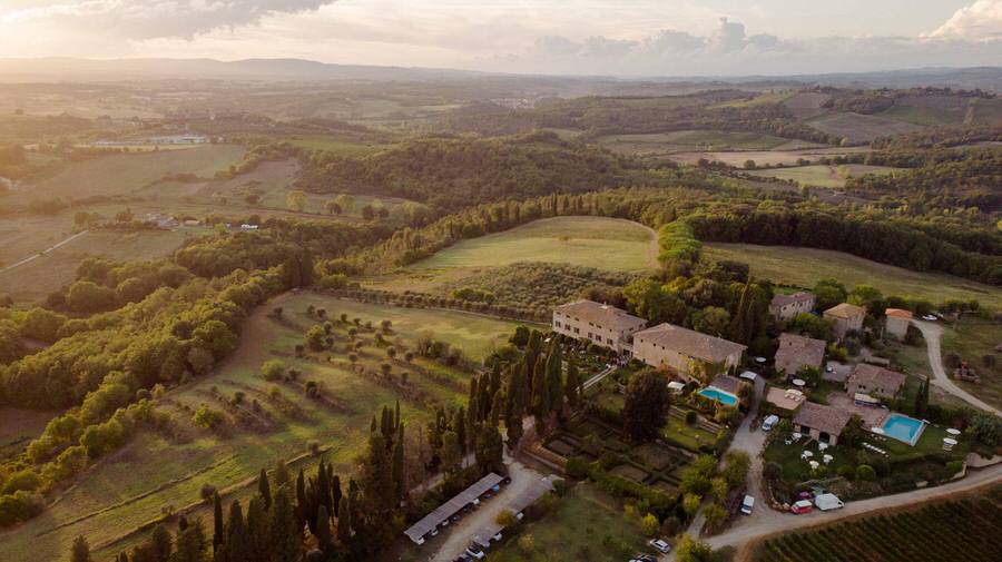 aerial shot of a wedding venue in tuscany