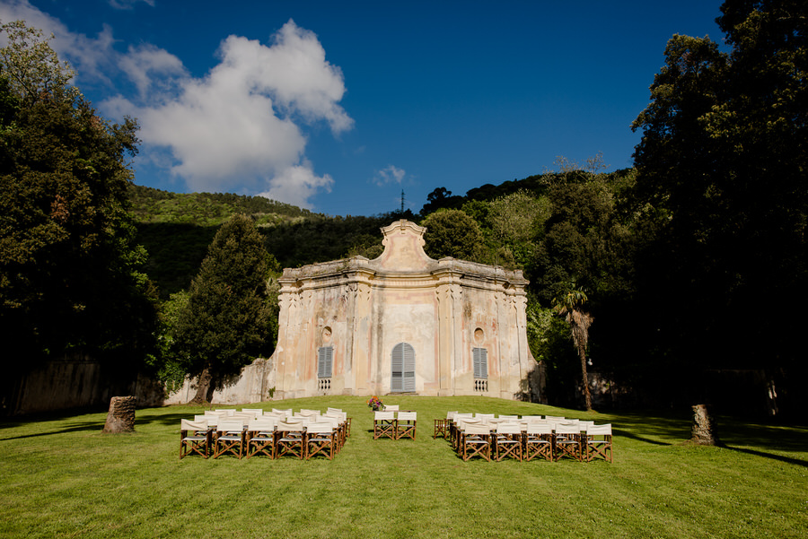 Ceremony setup in the garden at Villa di Corliano, San Giuliano Terme, Pisa